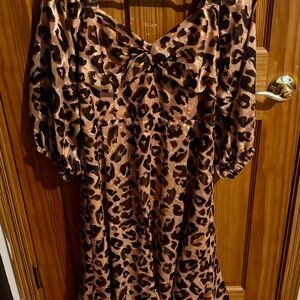 Hutch Twist Puff Midi Dress Brown Leopard Cheetah